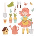 GIRL GARDEN Spring Care Accessories Vector Illustration Set Royalty Free Stock Photo