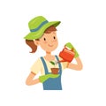 Girl gardener character, girl watering a plant vector Illustration Royalty Free Stock Photo