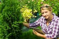 Girl gardener in the greenhouse examines the coniferous tree