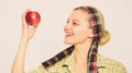 Girl gardener rustic style hold apples white background. Perfect apples. Health care and vitamin nutrition. Start apple