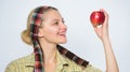 Girl gardener rustic style hold apples white background. Perfect apples. Health care and vitamin nutrition. Start apple