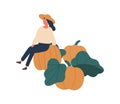 Girl gathering pumpkins flat vector illustration. Woman sitting on gourd isolated design element. Female gardener