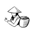 Girl gathering tea in a traditional Vietnamese hat. Harvesting tea icon, for label