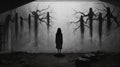 Mysterious Black And White Painting With Haunting Shadows And Supernatural Realism
