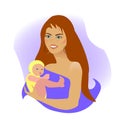 Girl gently hugs son daughter. A woman breastfeeds a child. Young mother with baby. vector flat ilustracation. Mother`s