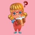 Girl getting confused while reading book. Vector illustration decorative design