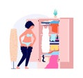 Girl getting dressed. Morning time, young woman wearing to work or go walk. Fat problems, overweight vector illustration