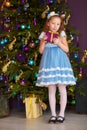 Girl with gift box near christmas tree Royalty Free Stock Photo