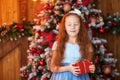 Girl with gift box near christmas tree Royalty Free Stock Photo