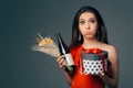 Girl with Gift Box, Wine Bottle and Flower Bouquet Ready for Party Royalty Free Stock Photo