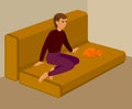 Girl with ginger cat on a sofa, cartoon Royalty Free Stock Photo