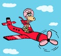 girl giraffe in a pink helmet flies in the sky amidst white clouds on a red airplane