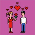 Girl gives flower to a boy, valentines day, pixel art vector illustration