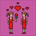 Girl gives flower to girlfriend, pixel art vector illustration