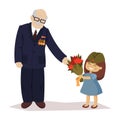 The girl gives flowers to the veteran. May 9. Victory Day. Grandfather and girl, granddaughter. Cartoon vector