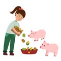 Girl gives food to pigs. Farmer feeds the animals. Farm characters isolated elements in cartoon style Royalty Free Stock Photo