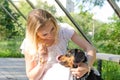 Girl gives a treat to a cute dog sitting on a bench in the park on a summer evening Royalty Free Stock Photo