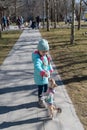 A girl gives a treat to a small dog in the park. A female Chihuahua dog stands on her hind legs. The pet is reaching for the child Royalty Free Stock Photo