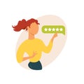 Girl Giving Five Star Feedback. Satisfied client rate service.