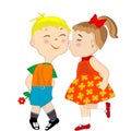 Girl giving a shameful boy a kiss on the cheek Royalty Free Stock Photo