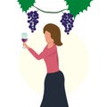 Girl with a glass of wine from grapes, tasting alcoholic beverage, illustration in flat style