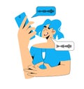 Girl with a glass of wine receives and sends voice messages. Communication, smartphone addiction, fun, swagger. Blue