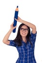 Girl with Glasses Holding Giant Blue Pencil