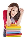 Girl in glasses with pile book . Royalty Free Stock Photo