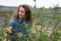 Girl at gloves cleaning ficus plant Royalty Free Stock Photo