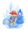 Girl gnome playing snowball in the snow forest watercolor hand painted illustration