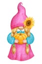 Girl Gnome with pumpkin and sunflower. Thanksgiving or Harvest Day card design. Watercolor drawing