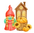 Girl gnome with pumpkin and sunflowers in basket on background of country house. Thanksgiving or Harvest Day card design.