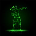 Girl goalkeeper stands with ball and points to the field. Vector women soccer player illustration with green linear and