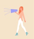 The girl goes and speaks into the microphone, a vector graphics