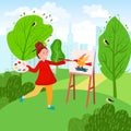 Girl goes to park for Plein air. Woman artist is painting outdoors with color, easel and canvas. Young artist on open Royalty Free Stock Photo