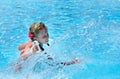 Girl with goggles and red bikini in swimming pool. Royalty Free Stock Photo