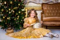 The girl in a gold dress on Christmas