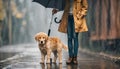 Girl and golden retriever puppy dog standing on footpath under an umbrella in Royalty Free Stock Photo