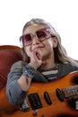 Girl in gothic chair plays rock star (on transparent