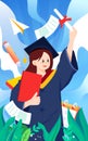 Girl graduates in a bachelor\'s uniform with books and papers in the background