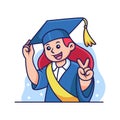 Girl Graduation Cartoon with Cute Pose. Academic Vector Icon Illustration, Isolated on Premium Vector