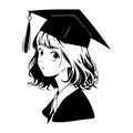Girl in graduation hat. Female student. Black silhouette. Vector illustration on white isolated background. Cartoon anime style. Royalty Free Stock Photo