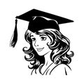Girl in graduation hat. Female student. Black silhouette. Vector illustration on white isolated background. Cartoon style. Good Royalty Free Stock Photo