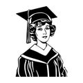 Girl in graduation hat. Female student. Black silhouette. Vector illustration on white isolated background. Cartoon style. Good Royalty Free Stock Photo