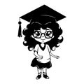 Girl in graduation hat. Full Body female student with eyeglasses . Black silhouette. Vector illustration on white isolated Royalty Free Stock Photo