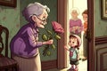 Girl granddaughter gives her grandmother a bouquet of flowers at home on a holiday Royalty Free Stock Photo