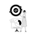 The girl with the graph . The arrow hits the prey . Black and White linear vogue. Trendy style, Vector Illustration