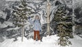 Girl in a gray hat and a blue jacket with white boots on a background of a beautiful winter landscape. Winter in Karelia..marble