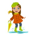 Girl In Green Beret With Umbrella, Kid In Autumn Clothes In Fall Season Enjoyingn Rain And Rainy Weather, Splashes And