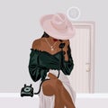 A girl in a green blouse and a pink panama hat is talking on a wired phone. Vector fashion illustration Royalty Free Stock Photo